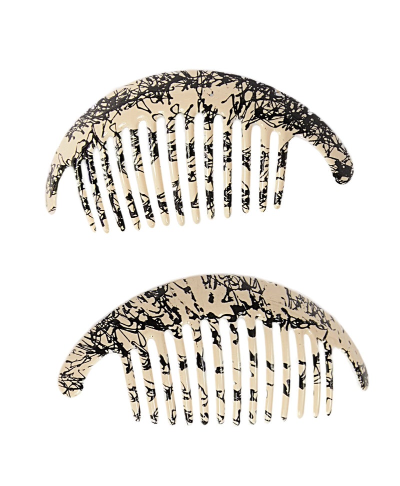 Caravan Hand Painted Black Webbing on Ivory Interlocking Comb Pair